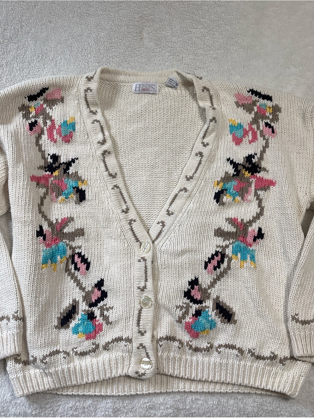 Vintage Floral Chunky Knit Button Cardigan Linen 90’s CottageCore Women’s Size L